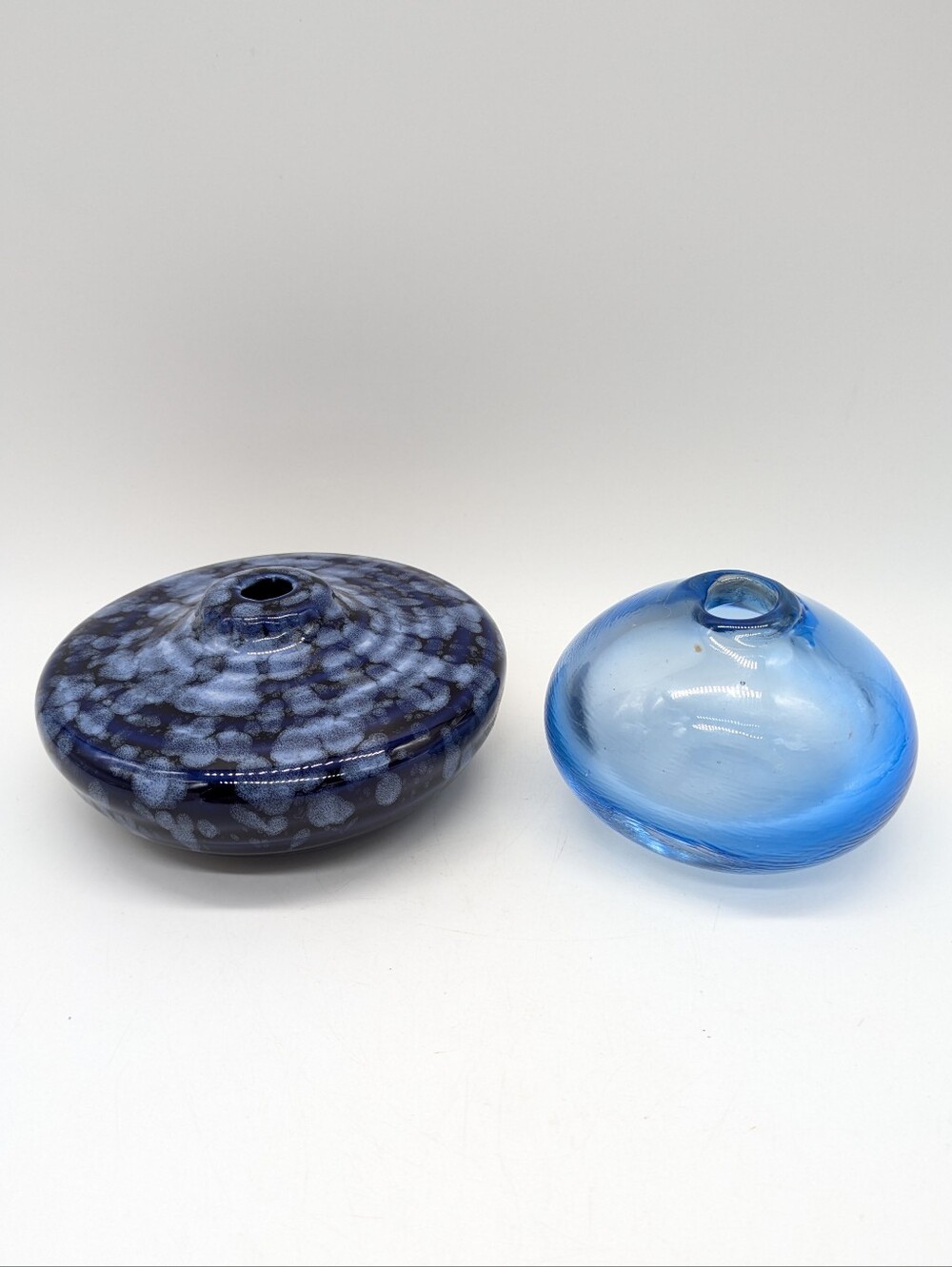 Blue Round Circular Glass Ceramic Bud Vases - Set Of 2